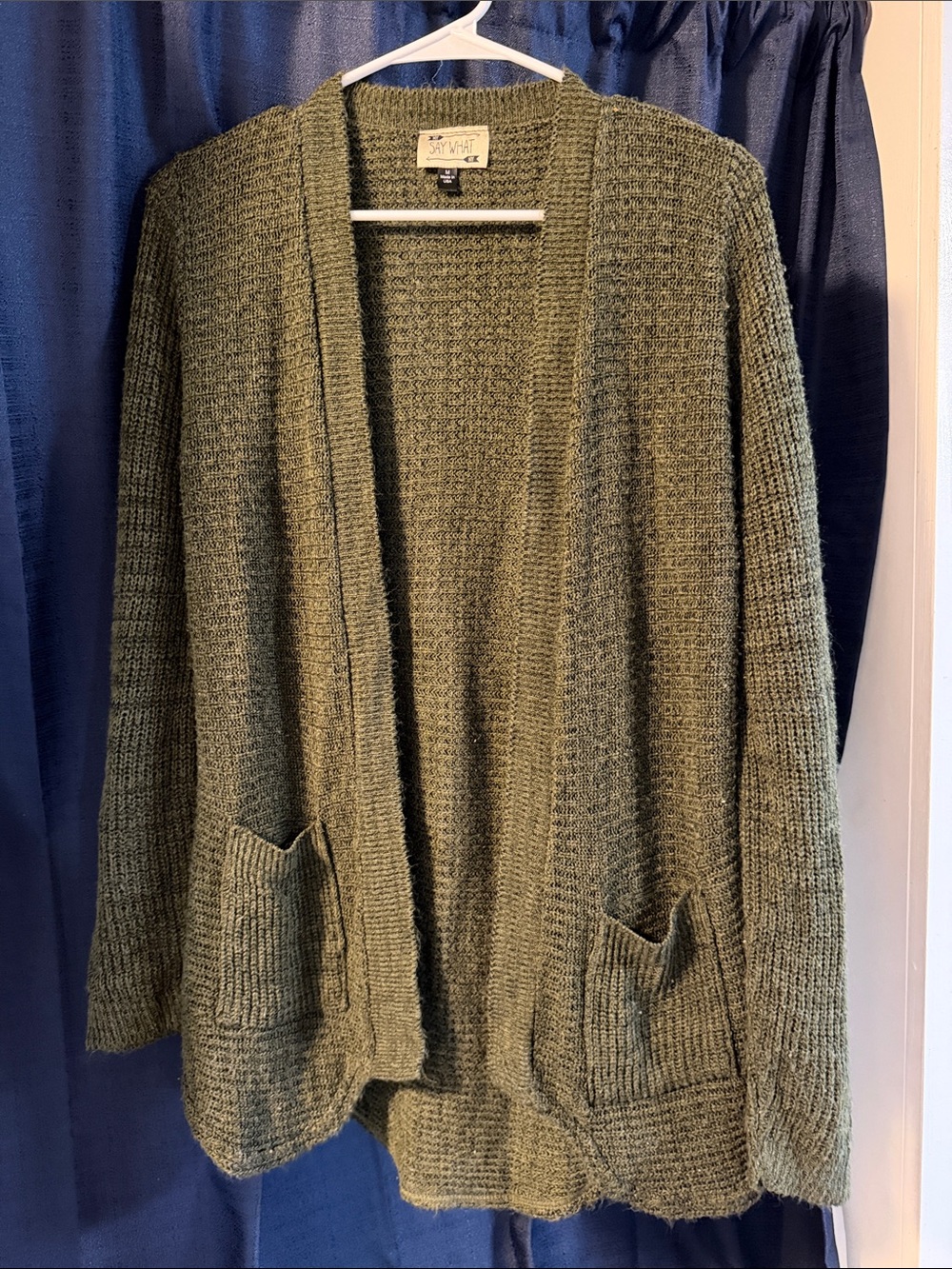 Say what Olive Open Cardigan with Patch Pockets